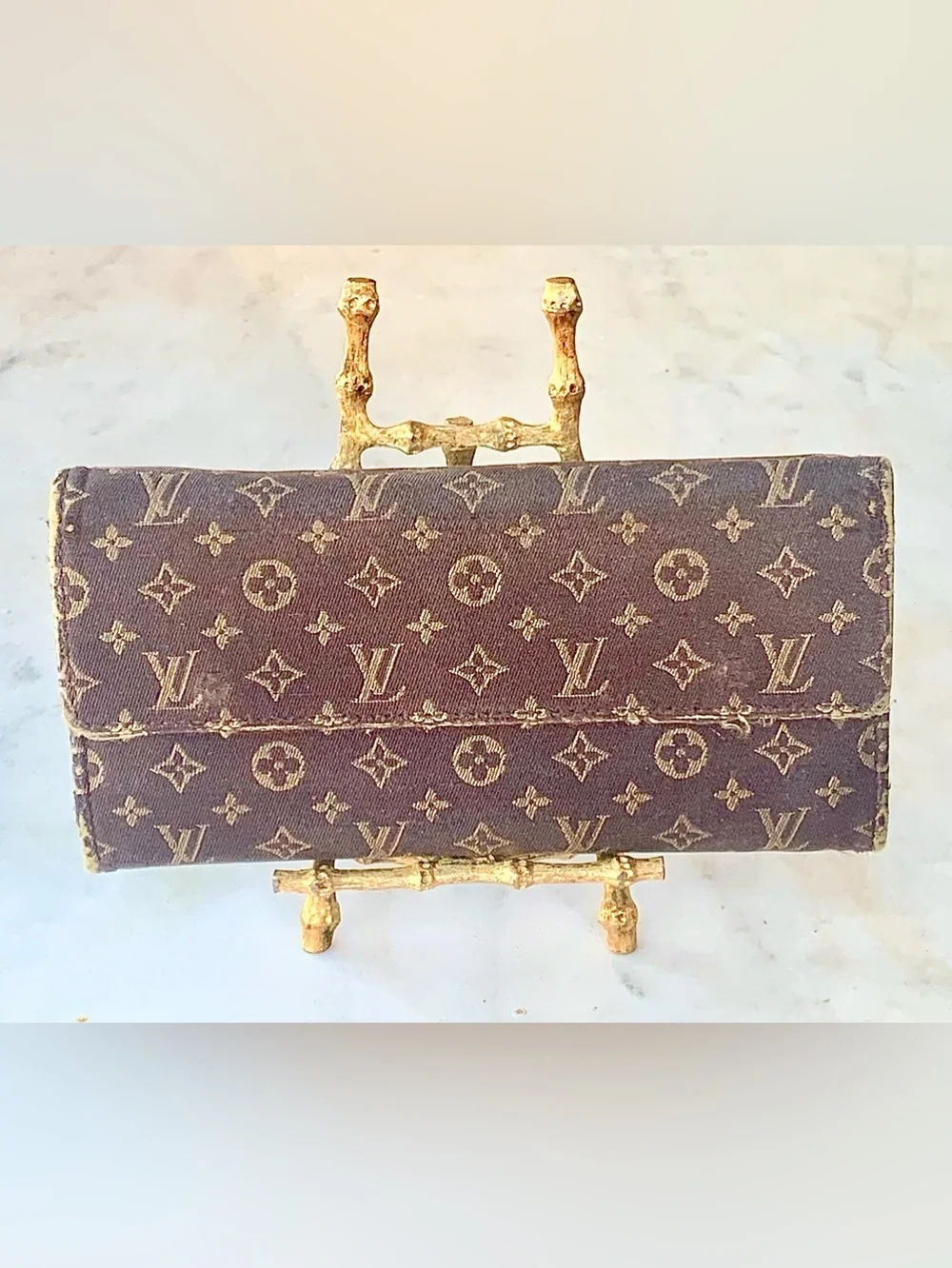 LOUIS VUITTON MINI LIN SARAH Brown CLOTH Monogram Continental Wallet VINTAGE